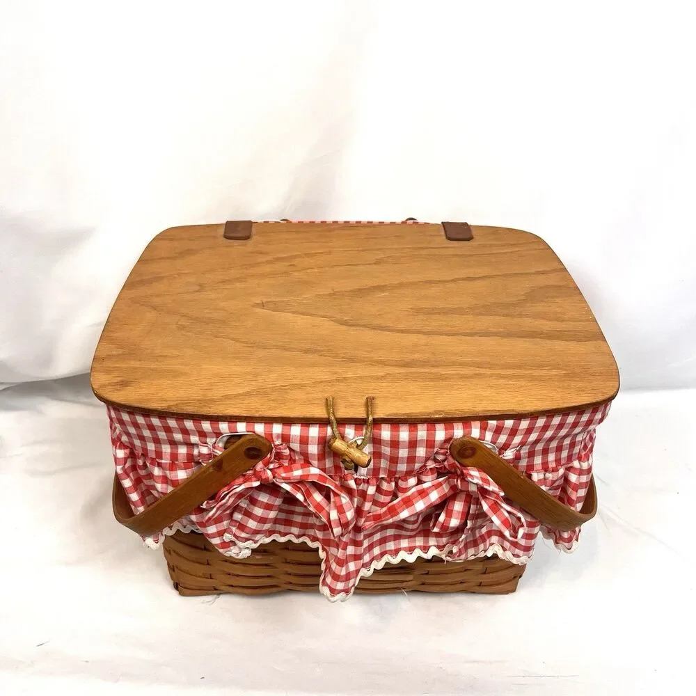 Longaberger Large Picnic Basket Red Gingham Liner Wood Lid USA 1996 Vintage